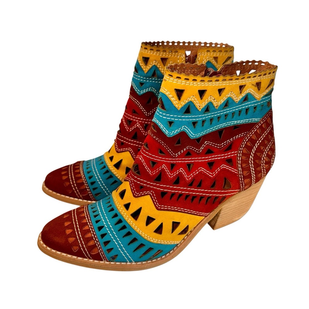 Jeffrey Campbell Rinaldi Suede Perforated Western Bohemian Ankle Boots Sz 8
